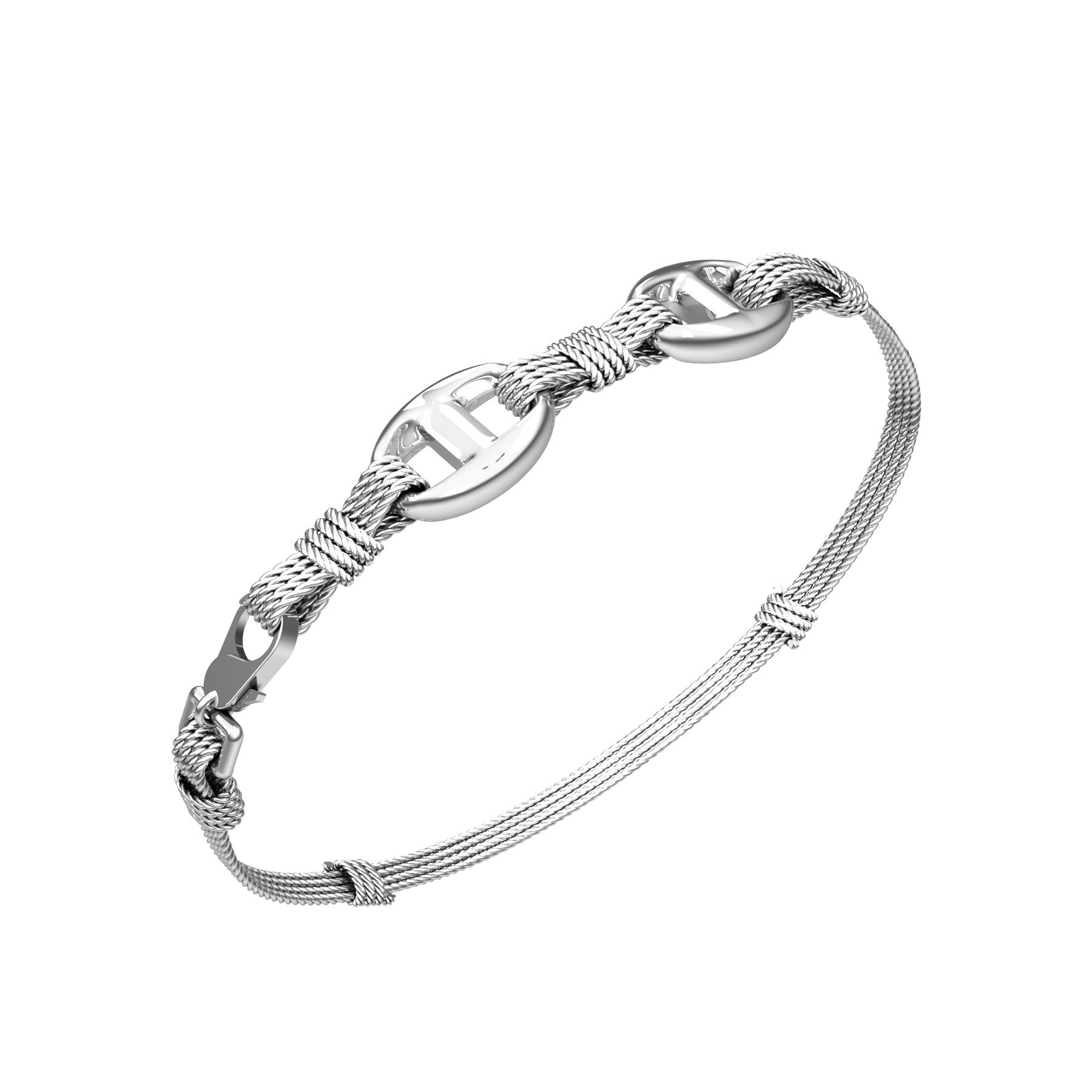 marine links and ropes bracelet, 18 k white gold, weight about 15,50 g (0,55 oz), width 15 mm