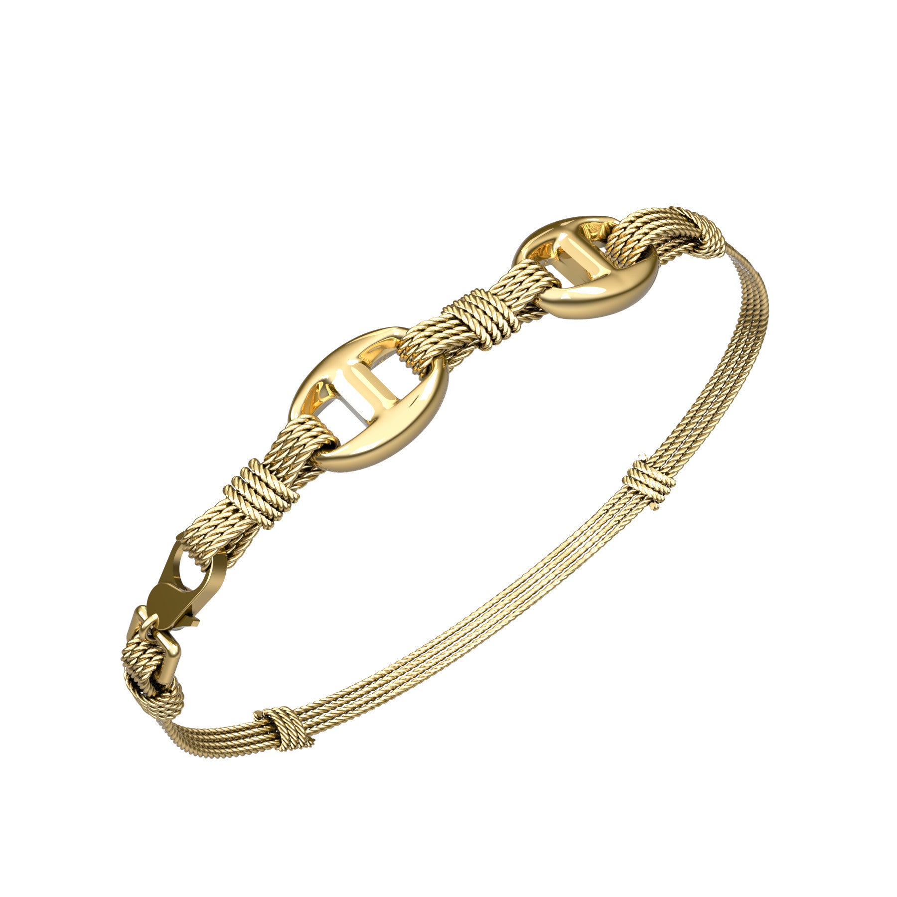 marine links and ropes bracelet, 18 K yellow god, weight about 14,50 g (0,51 oz), width 15 mm