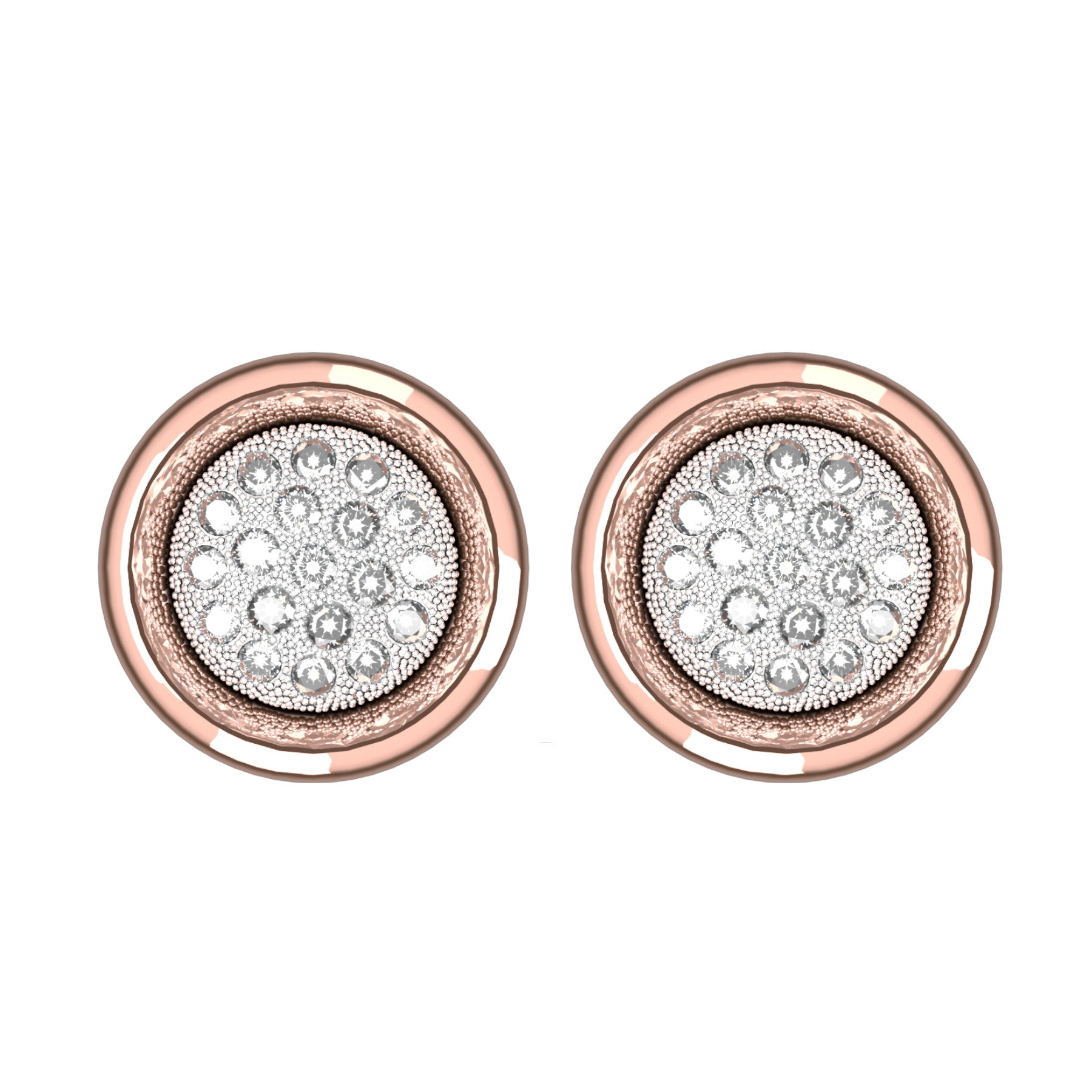 round earrings, round natural diamonds, 18 K pink and white gold, weight about 10,6 g. (0.38 oz) diameter 15 mm