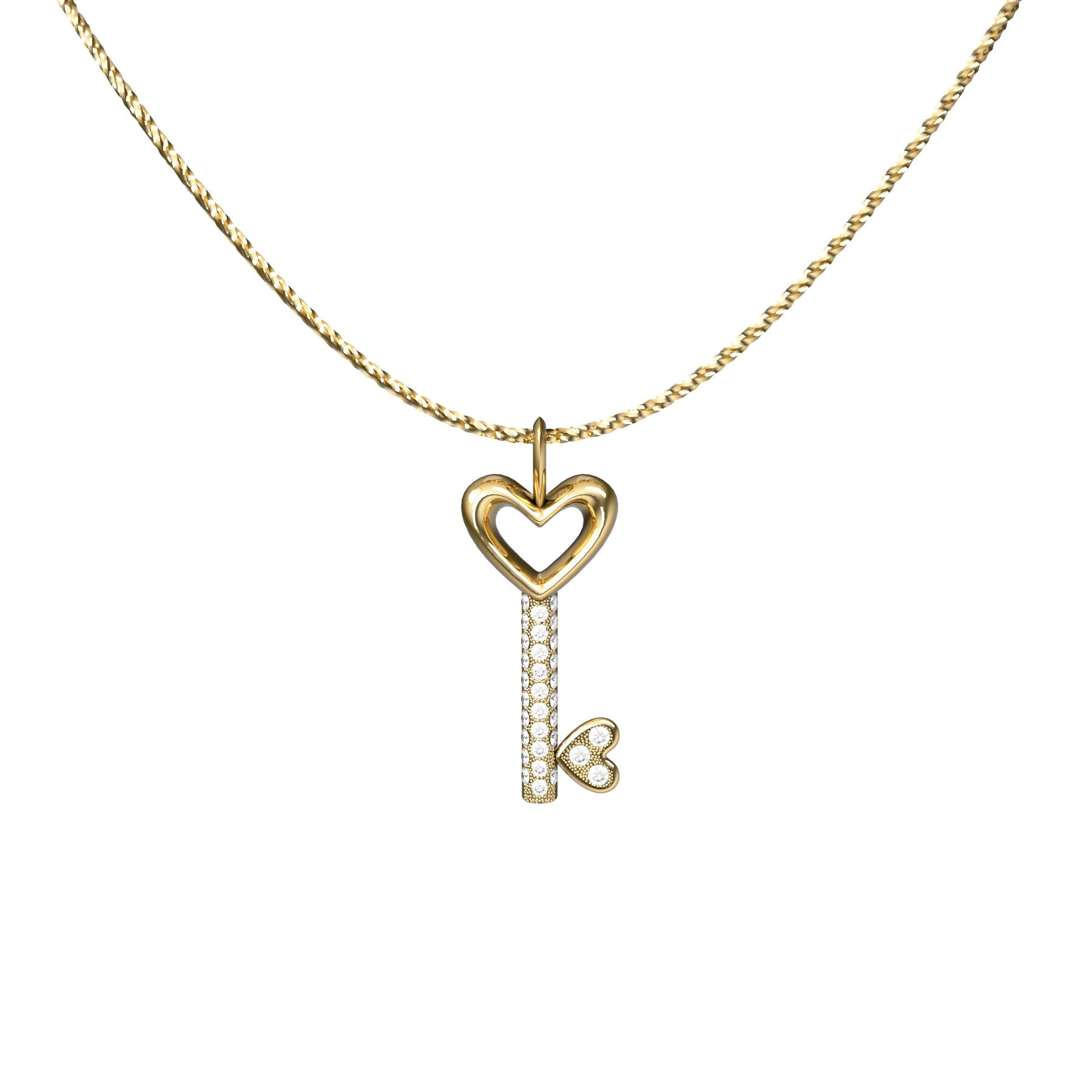 key pendant, natural round diamonds, 18 k yellow gold, weight about 4,2 g (0.15 oz), size 31,9x13,1x4,8 mm