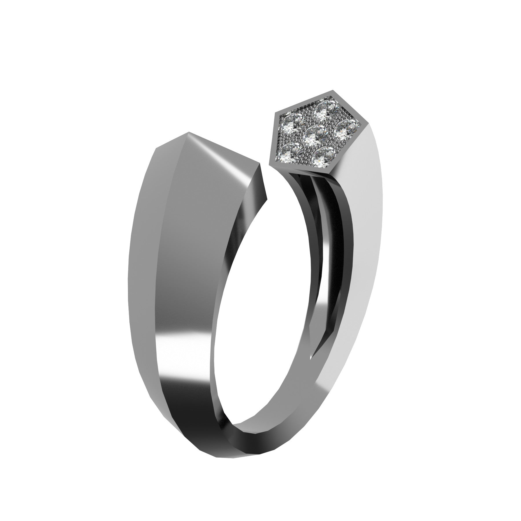 Open pentagonal ring, 18 k white gold, natural diamonds, weight about 6,50 g (0,23 oz), width 7,1 mm 